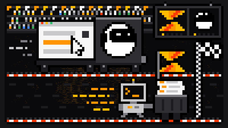 Pixel-art race day: on one lane a truck carrying a recording window with a clicking cursor, the Browse AI logo on its cab; on the other the Scrape.ly robot pushes a crate of finished rows toward the checkered finish line, with a crowd in the stands and both logos on the scoreboard