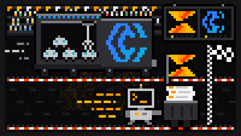 Pixel-art race day: on one lane a claw-crane machine lifting little worker bots, the CoreClaw logo on its cab; on the other the Scrape.ly robot pushes a crate of finished rows toward the checkered finish line, with a crowd in the stands and both logos on the scoreboard