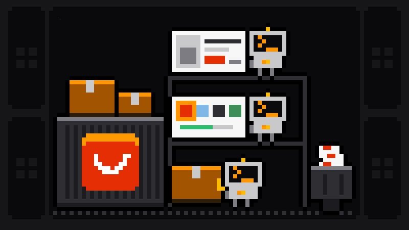 Pixel-art shipping container with the AliExpress logo and parcels on its roof, with three Scrape.ly robots on a shelf pulling out a product card, a card of colour variants and a parcel
