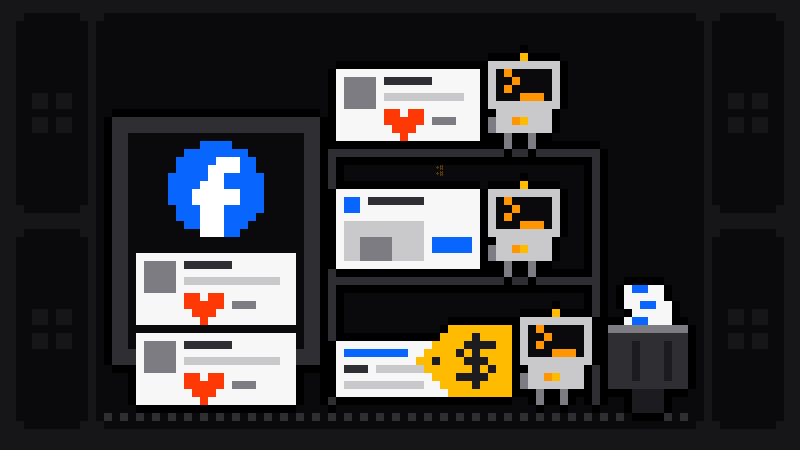 Pixel-art monitor with the Facebook logo above a feed, with three Scrape.ly robots on a shelf pulling out a post, an ad and a Marketplace listing with a price tag
