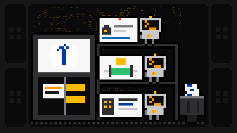 Pixel-art office window with the Indeed logo and a Now hiring sign, with three Scrape.ly robots on a shelf pulling out a job card, a salary tag and a company rating card