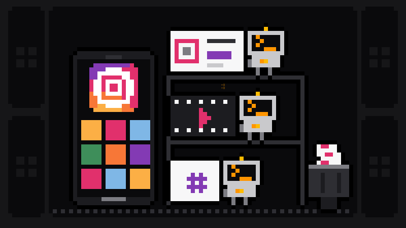 Pixel-art phone with the Instagram logo and a photo grid, with three Scrape.ly robots on a shelf pulling out a profile card, a reel and a hashtag tile