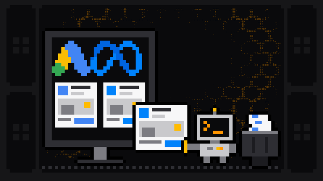 Pixel-art robot with an orange >_ on its terminal head pulls an ad card with an image and a blue button out of a monitor showing the Google Ads and Meta logos above two more ad cards, and drops it into a crate