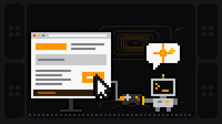 Pixel-art robot with an orange >_ on its terminal head, an AI sparkle in a speech bubble above it, steers a browser window with a game controller whose cable runs into the window, where a pointer clicks an orange button