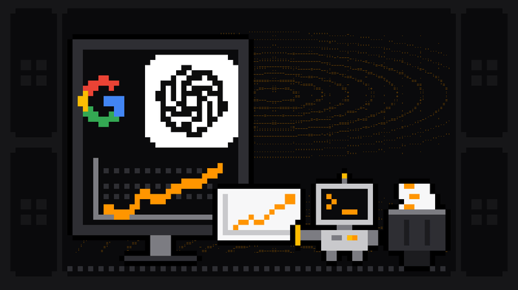 Pixel-art robot with an orange >_ on its terminal head pulls a chart slip out of a monitor showing the Google G and ChatGPT logos above a rising orange line chart, and drops it into a crate