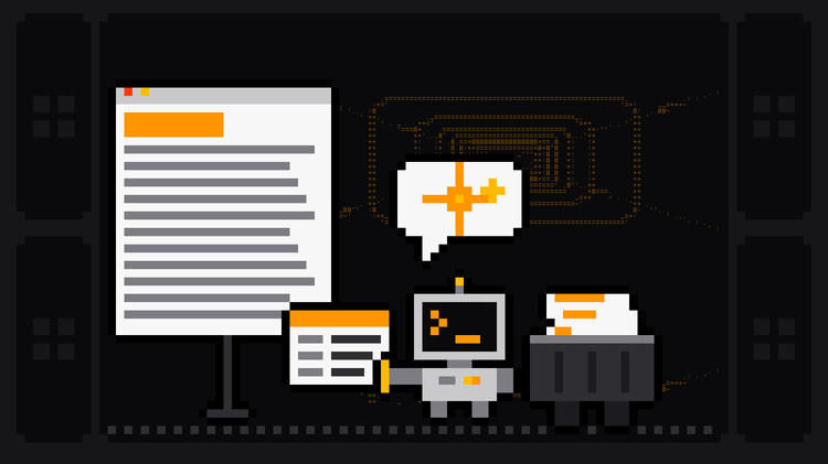 Pixel-art robot with an orange >_ on its terminal head, an AI sparkle in a speech bubble above it, pulls a data card out of a web page and drops it into a crate