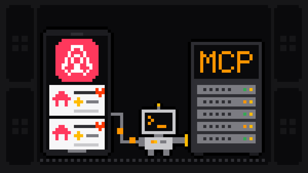 Pixel-art robot with an orange >_ on its terminal head carries a cable from a phone showing the pink Airbnb logo above two stay listings, each with a red heart, into a server rack labelled MCP