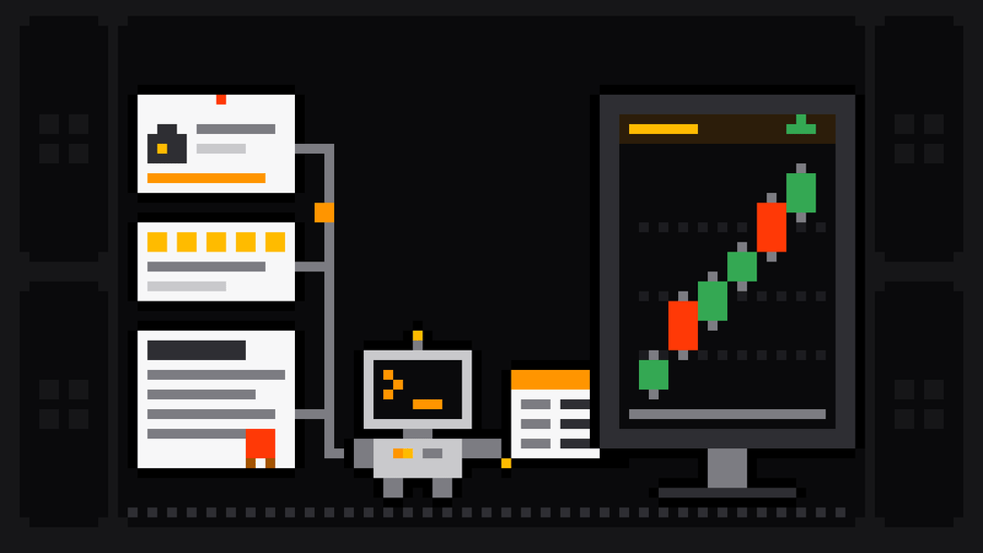 Pixel-art robot with an orange >_ on its terminal head pushes a data card into a monitor showing a rising candlestick price chart, fed by cables from a job card, a review slip with gold stars and a filing with a red seal