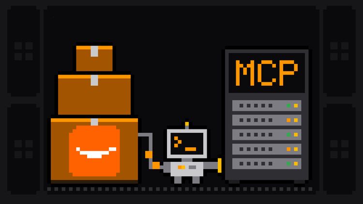 Pixel-art robot with an orange >_ on its terminal head carries a cable from a stack of cardboard boxes marked with the Amazon logo into a server rack labelled MCP