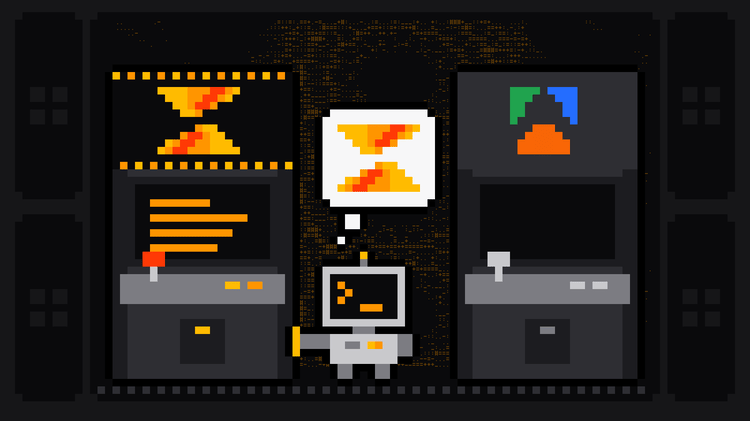 Pixel-art robot with an orange >_ on its terminal head walks up to a lit arcade cabinet bearing the Scrape.ly logo and rests its hand on it, thinking of the Scrape.ly mark, while a dark cabinet with the Apify logo stands switched off on the other side