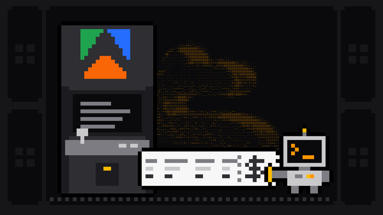 Pixel-art robot with an orange >_ on its terminal head holds the end of a long receipt with a dollar sign that prints out of an arcade cabinet bearing the Apify logo