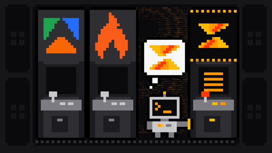 Pixel-art robot with an orange >_ on its terminal head walks past two switched-off arcade cabinets bearing the Apify and Firecrawl logos and rests its hand on a lit cabinet bearing the Scrape.ly logo, thinking of the Scrape.ly mark