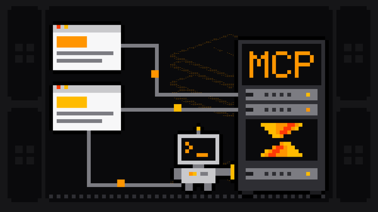 Pixel-art robot with an orange >_ on its terminal head plugs a cable into a server rack labelled MCP with the Scrape.ly logo on its front, while two more cables run into it from web pages on the left
