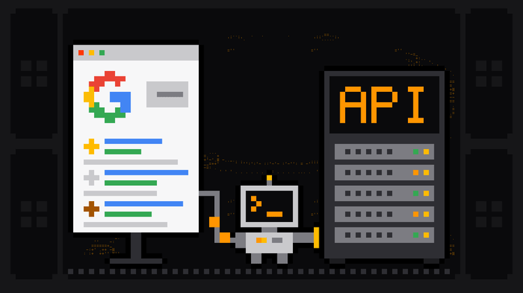 Pixel-art robot with an orange >_ on its terminal head carries a cable from a search results page headed by the Google G logo, its rows ranked by gold, silver and bronze stars, into a server rack labelled API
