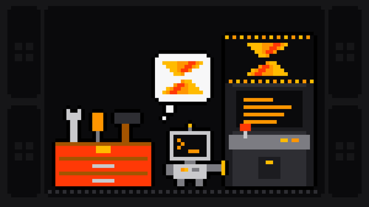 Pixel-art robot with an orange >_ on its terminal head walks past an open red toolbox of wrenches, screwdrivers and hammers to a lit arcade cabinet bearing the Scrape.ly logo, its hand on the cabinet and the Scrape.ly mark in its thought bubble