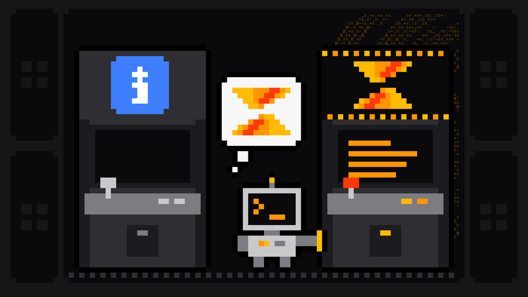 Pixel-art robot with an orange >_ on its terminal head chooses a lit arcade cabinet bearing the Scrape.ly logo, hand on its side and the Scrape.ly mark in its thought bubble, while a dark cabinet with the blue Bright Data logo stands switched off