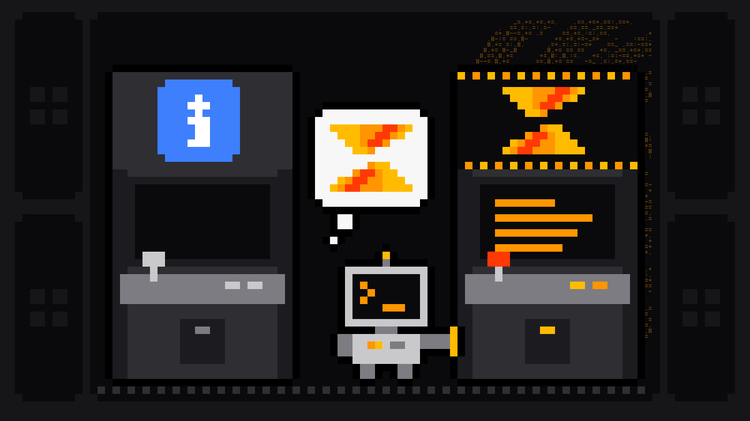Pixel-art robot with an orange >_ on its terminal head chooses a lit arcade cabinet bearing the Scrape.ly logo, hand on its side and the Scrape.ly mark in its thought bubble, while a dark cabinet with the blue Bright Data logo stands switched off