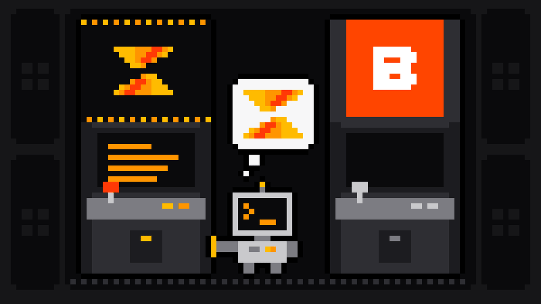 Pixel-art robot with an orange >_ on its terminal head walks up to a lit arcade cabinet bearing the Scrape.ly logo and rests its hand on it, thinking of the Scrape.ly mark, while a dark cabinet with the orange Browserbase B logo stands switched off