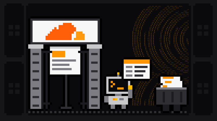 Pixel-art robot with an orange >_ on its terminal head walks out through an open iron gate whose arch carries the orange Cloudflare cloud logo, carrying a data card from the web page inside towards a crate