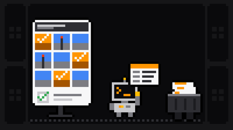 Pixel-art robot with an orange >_ on its terminal head walks away from a solved CAPTCHA panel, its grid of sky-and-road picture tiles with traffic lights, three tiles picked in orange and its checkbox ticked green, carrying a data card towards a crate