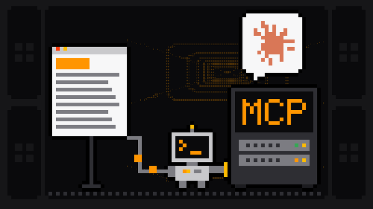 Pixel-art robot with an orange >_ on its terminal head carries a cable from a web page into a server rack labelled MCP, with the orange Claude spark in a speech bubble above the rack