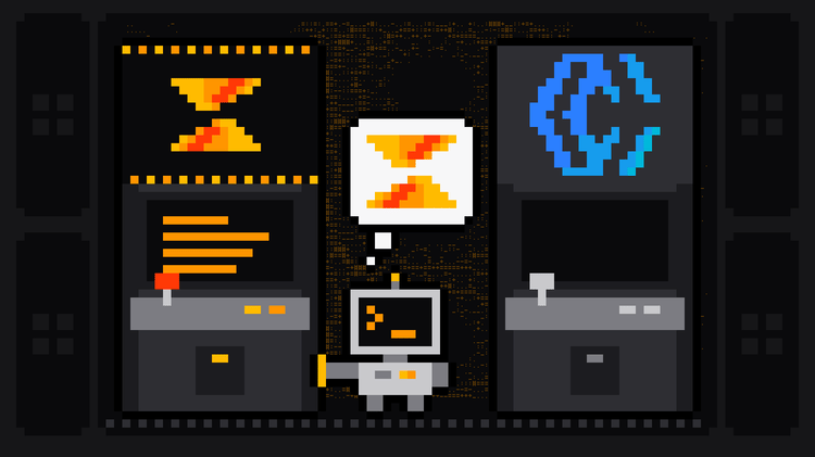 Pixel-art robot with an orange >_ on its terminal head walks up to a lit arcade cabinet bearing the Scrape.ly logo and rests its hand on it, thinking of the Scrape.ly mark, while a dark cabinet with the blue CoreClaw logo stands switched off