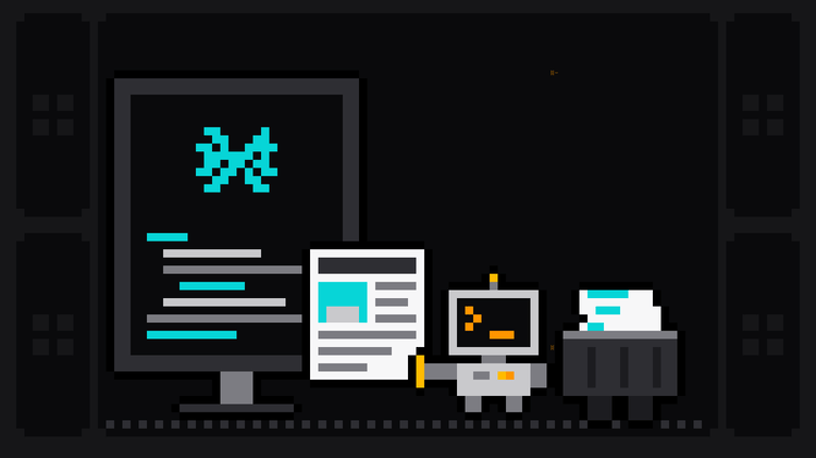 Pixel-art robot with an orange >_ on its terminal head pulls a page of text out of a monitor showing the cyan Crawl4AI logo above lines of code, and drops it into a crate