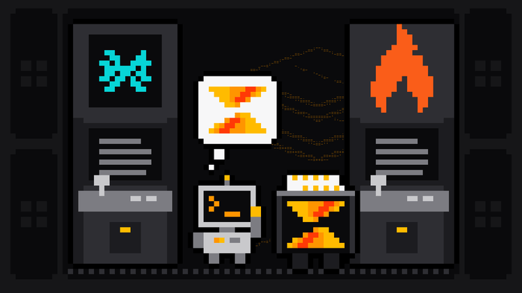 Pixel-art robot with an orange >_ on its terminal head stands between two matching arcade cabinets, one with the cyan Crawl4AI logo and one with the orange Firecrawl flame, thinking of the Scrape.ly mark next to a crate bearing the Scrape.ly logo