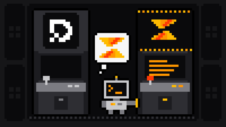 Pixel-art robot with an orange >_ on its terminal head chooses a lit arcade cabinet bearing the Scrape.ly logo, hand on its side and the Scrape.ly mark in its thought bubble, while a dark cabinet with the black-and-white Decodo D logo stands switched off