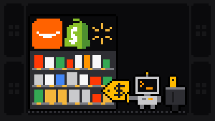 Pixel-art robot with an orange >_ on its terminal head takes a yellow price tag off a store shelf whose header shows the Amazon, Shopify and Walmart logos and drops it into a crate of price tags