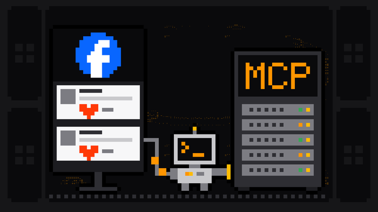 Pixel-art robot with an orange >_ on its terminal head carries a cable from a feed of posts headed by the blue Facebook logo into a server rack labelled MCP