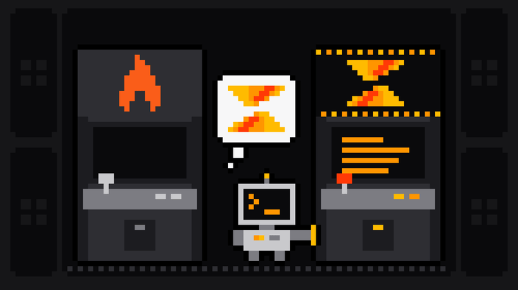 Pixel-art robot with an orange >_ on its terminal head chooses a lit arcade cabinet bearing the Scrape.ly logo, hand on its side and the Scrape.ly mark in its thought bubble, while a dark cabinet with the orange Firecrawl flame logo stands switched off