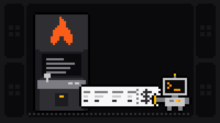Pixel-art robot with an orange >_ on its terminal head holds the end of a long receipt with a dollar sign that prints out of an arcade cabinet bearing the orange Firecrawl flame logo