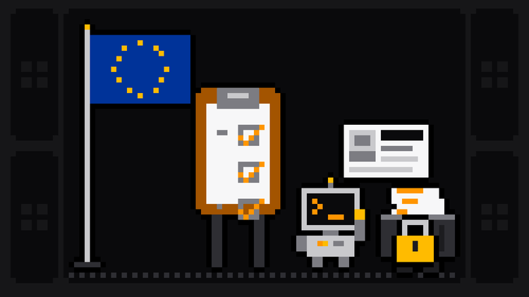 Pixel-art robot with an orange >_ on its terminal head holds up a personal-data card whose name is blacked out, beside a ticked checklist on an easel and the blue EU flag with its ring of gold stars, on its way to a crate locked with an amber padlock