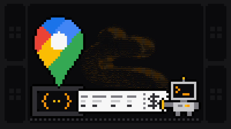 Pixel-art robot with an orange >_ on its terminal head holds the end of a long receipt with a dollar sign that prints out of a dark terminal marked with curly braces, with the Google Maps pin standing on top of the terminal