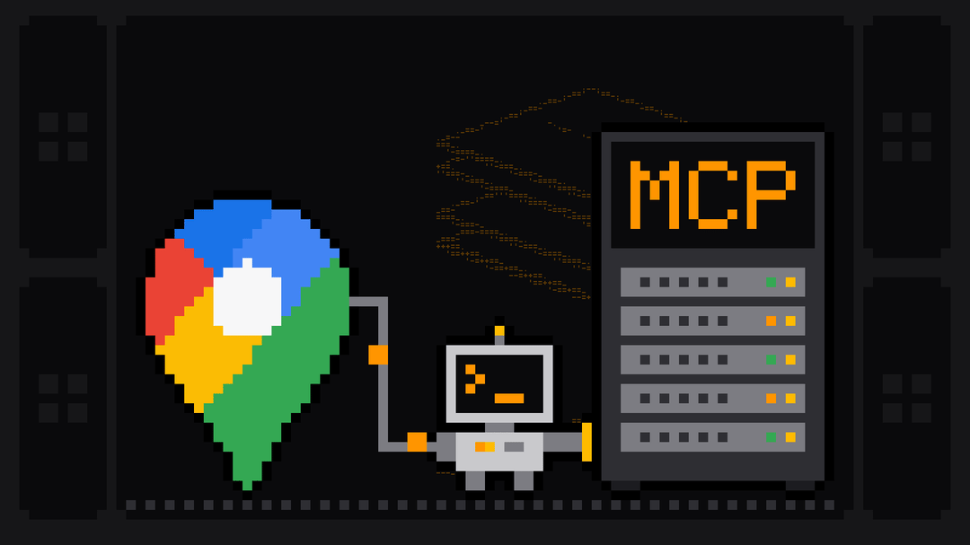 Pixel-art robot with an orange >_ on its terminal head carries a cable from a tall Google Maps pin into a server rack labelled MCP