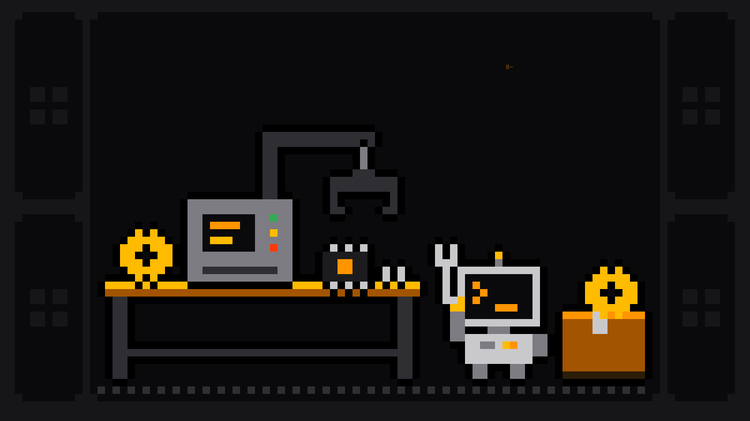 Pixel-art robot with an orange >_ on its terminal head raises a wrench beside a workbench where a half-built scraper machine with a small screen, a mast and a hanging claw stands among loose parts: a gear, a chip and bolts, a cardboard box of gears at its side