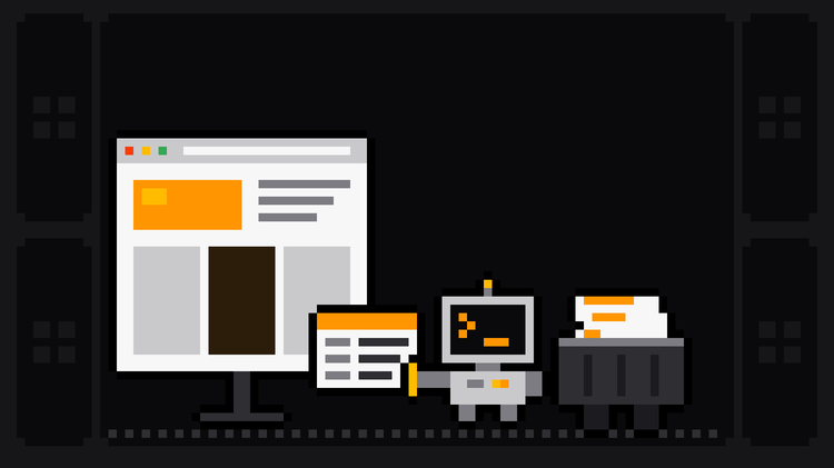 Pixel-art robot with an orange >_ on its terminal head pulls a data card out of a browser window showing a web page and drops it into a crate of collected data