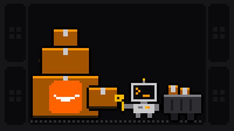 Pixel-art robot with an orange >_ on its terminal head pulls a parcel from a stack of cardboard boxes marked with the Amazon smile logo and loads it into a crate