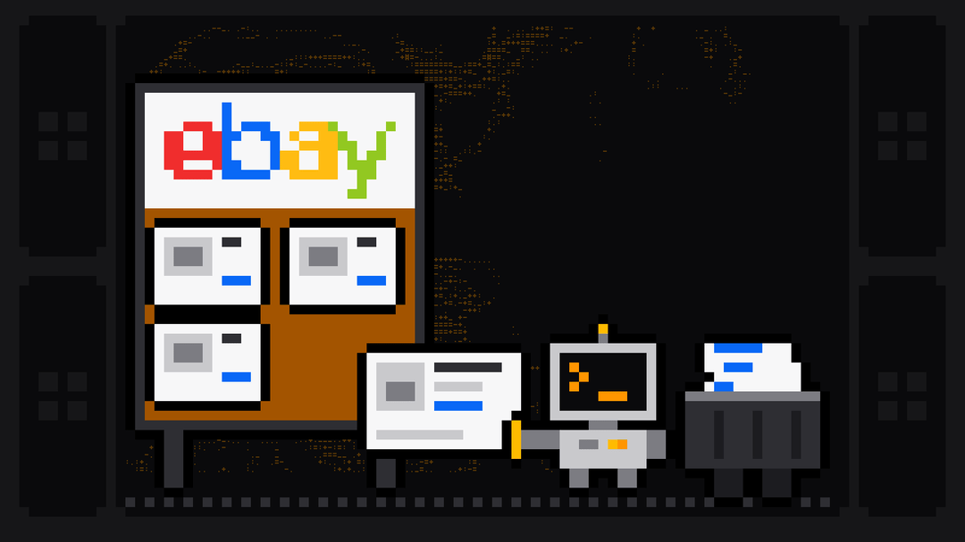 Pixel-art robot with an orange >_ on its terminal head pulls a listing card with a photo and price off an auction board topped with the eBay logo and drops it into a crate