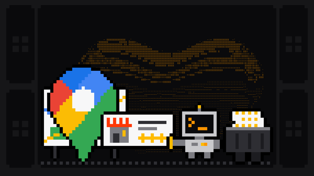 Pixel-art robot with a terminal for a head pulling a place card out of a Google Maps pin standing on a folded map, with a crate of collected place cards beside it
