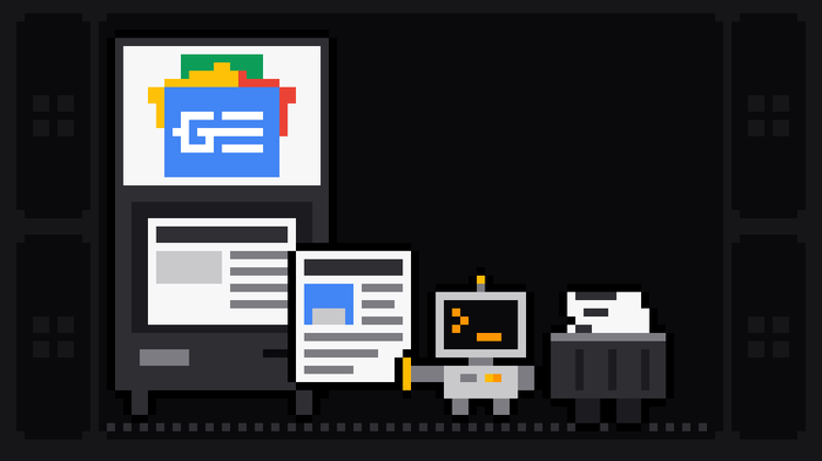 Pixel-art robot with an orange >_ on its terminal head pulls an article page out of a newspaper vending box topped with the Google News logo and drops it into a crate