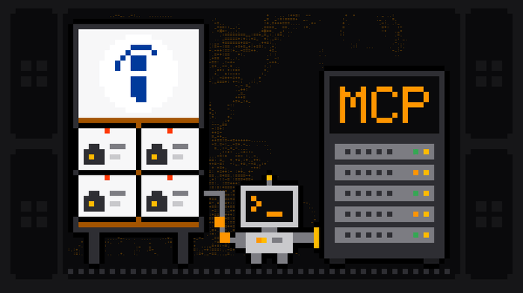 Pixel-art robot with an orange >_ on its terminal head carries a cable from a cork job board topped with the blue Indeed logo and pinned with job cards into a server rack labelled MCP