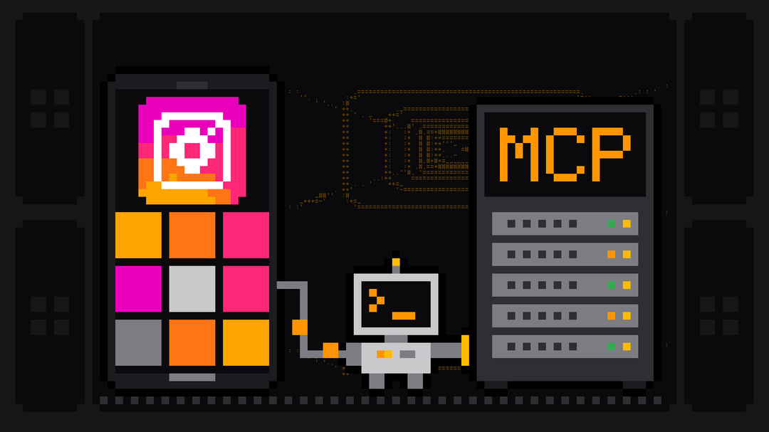 Pixel-art robot with an orange >_ on its terminal head carries a cable from a phone showing the Instagram logo and a grid of posts into a server rack labelled MCP