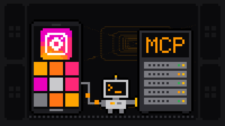 Pixel-art robot with an orange >_ on its terminal head carries a cable from a phone showing the Instagram logo and a grid of posts into a server rack labelled MCP