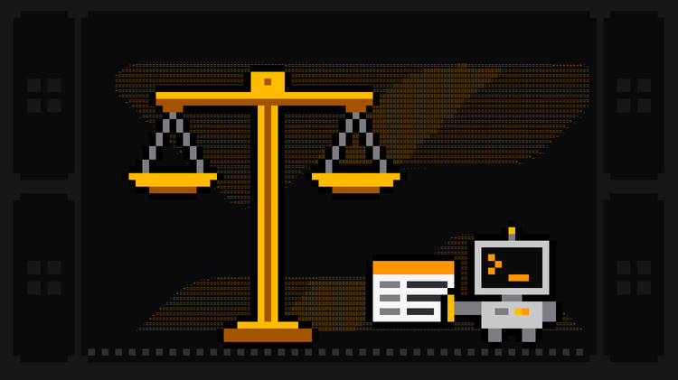 Pixel-art robot with an orange >_ on its terminal head stands before a pair of balanced golden scales of justice, holding out a data card