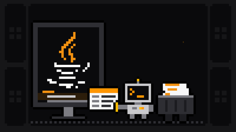 Pixel-art robot with an orange >_ on its terminal head pulls a data card out of a monitor showing the Java coffee cup logo with orange steam above lines of code, and drops it into a crate