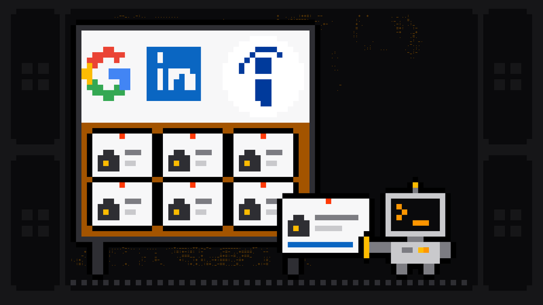 Pixel-art robot with an orange >_ on its terminal head takes a job card off a wide cork job board whose header shows the Google G, LinkedIn and Indeed logos, above six pinned job cards