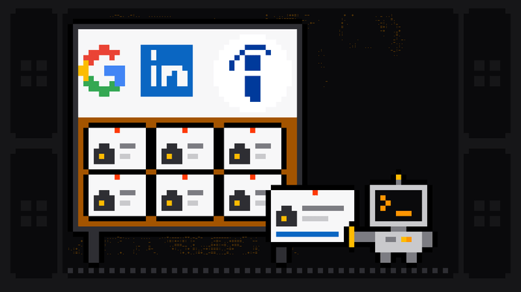 Pixel-art robot with an orange >_ on its terminal head takes a job card off a wide cork job board whose header shows the Google G, LinkedIn and Indeed logos, above six pinned job cards