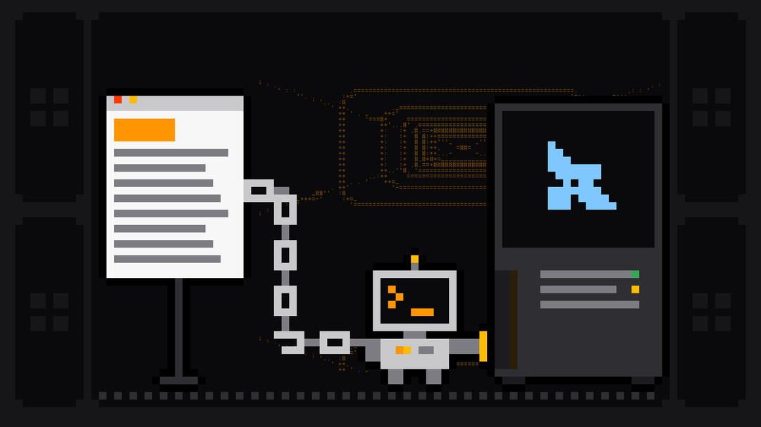 Pixel-art robot with an orange >_ on its terminal head carries the end of a metal chain that runs from a web page into a dark machine whose screen shows the light-blue LangChain logo